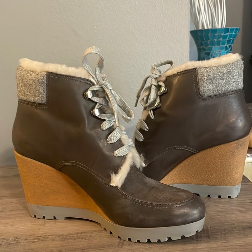 Cole Haan Platform Gray Suede & Leather Ankle Wedge Boots